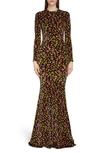 BALENCIAGA ROSE PRINT LONG SLEEVE STRETCH VELVET MERMAID EVENING GOWN,583829TFL74