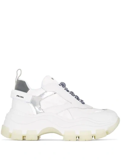 Prada Pegasus Metallic-paneled Leather And Canvas Sneakers In White