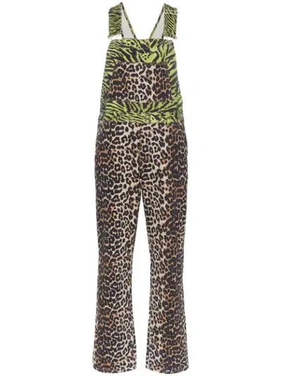 Ganni Animalier Printed Cotton Denim Jumpsuit In Black ,green