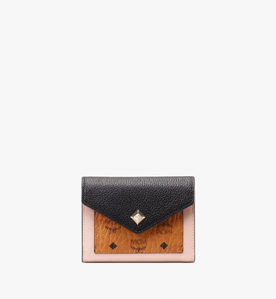 Mcm Love Letter Three-fold Wallet In Colorblock Visetos In Cognac And Black