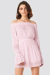 QUEEN OF JETLAGS X NA-KD Off Shoulder Lace Detail Frill Dress Pink