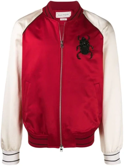 Alexander Mcqueen Men's Bug-embroidered Satin Souvenir Jacket In Red