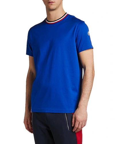 Moncler Men's Striped-collar T-shirt In Medium Blue