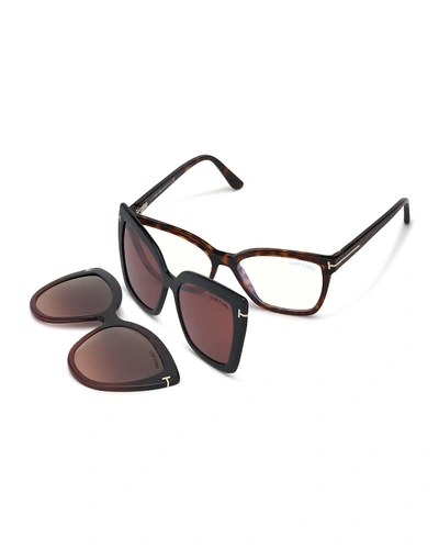 Tom Ford Square Blue-block Optical Frames W/ Two Magnetic Sunglasses Clips In Red Havana