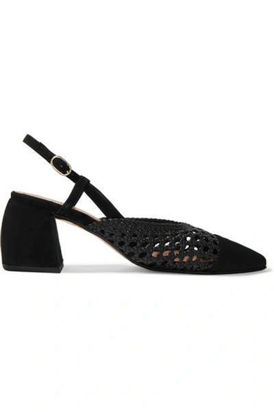 Souliers Martinez Tenerife Suede And Woven Leather Slingback Pumps In Black