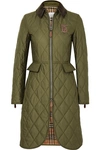 BURBERRY CORDUROY AND LEATHER-TRIMMED QUILTED SHELL COAT