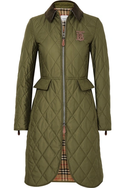 Burberry Corduroy And Leather-trimmed Quilted Shell Coat In Green