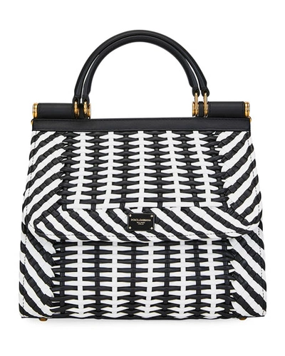 Dolce & Gabbana Medium Sicily 58 Bag In Woven Nappa Leather In Black/white
