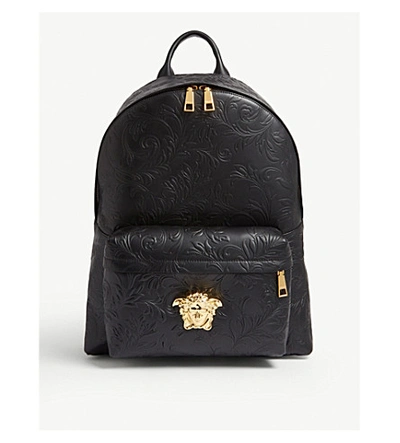 Versace Embossed Floral Leather Backpack In Black
