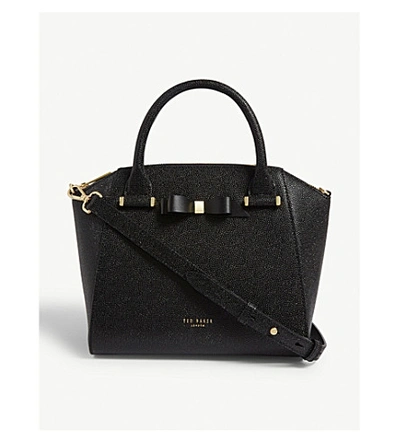 Ted Baker Janne Bow Detail Pebbled Leather Zip Tote In Black