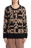 Moncler Black Tricot Pullover With Lettering Intarsia In Black