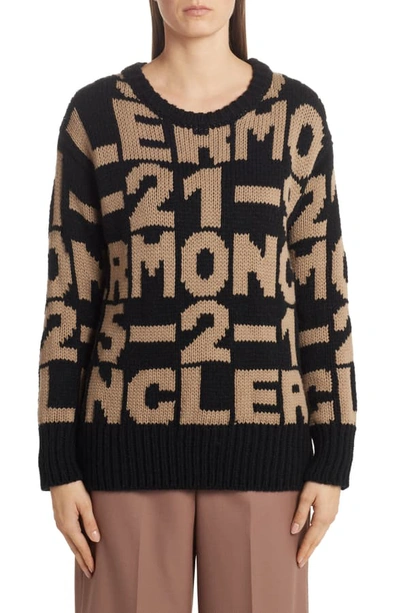 Moncler Black Tricot Pullover With Lettering Intarsia