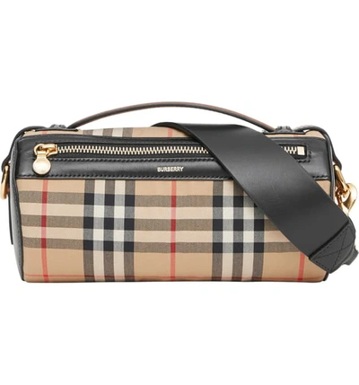 Burberry The Vintage Check And Leather Barrel Bag In Beige