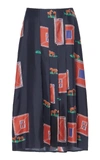Victoria Beckham Printed Pleated Silk Midi Skirt In Navy