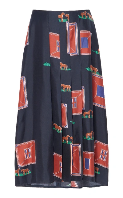 Victoria Beckham Printed Pleated Silk Midi Skirt In Navy