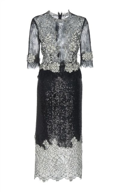 Costarellos Sequin-embellished Chantilly Lace Sheath Dress In Black