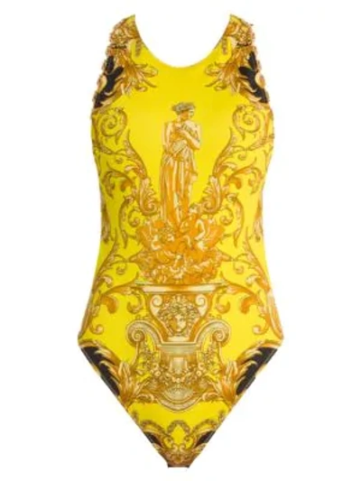 Versace Femme Baroque Open-back Chain Bodysuit In Caramel Yellow
