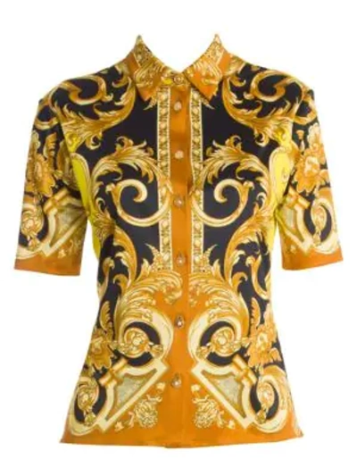 Versace Femme Baroque Jersey Button-down Blouse In Caramel Yellow