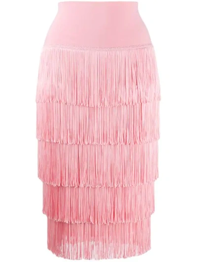 Norma Kamali Tiered-fringe Stretch-jersey Pencil Skirt In Pink