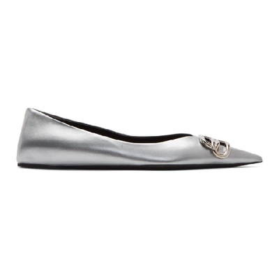 Balenciaga Square Knife Logo-embellished Metallic Leather Point-toe Flats In Silver