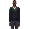 GUCCI NAVY WOOL WEB V-NECK SWEATER
