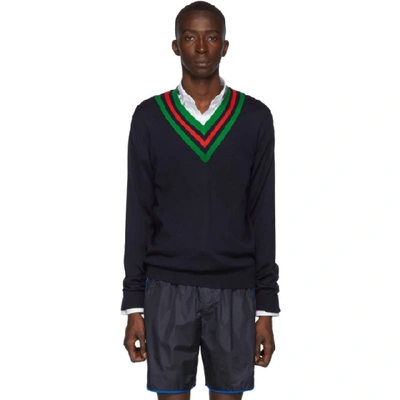 Gucci Navy Wool Web V-neck Sweater In Blue