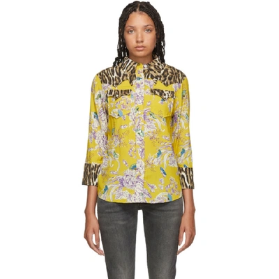 R13 Exaggerated Collar Mixed Print Cowboy Shirt In Mustard Floral Leopard