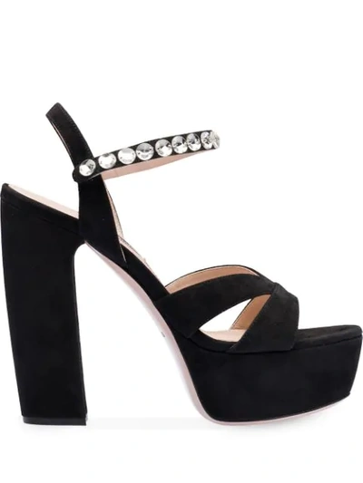 Miu Miu Jeweled Strap Suede Platform Sandal In Black