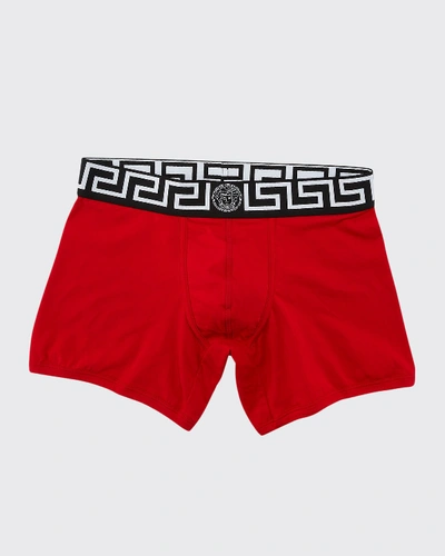 Versace Greca Border Long Boxer Trunks In Rosso