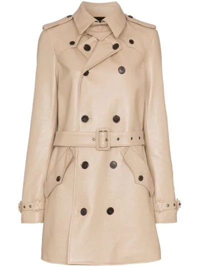 Saint Laurent Double-breasted Leather Trench Coat In Neutrals