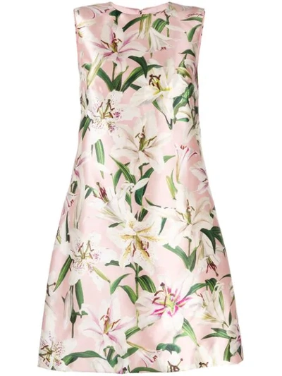 Dolce & Gabbana Lily Print Silk Shantung Shift Dress In Neutrals