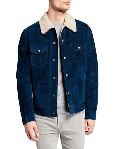 Tom Ford Men's Suede Trucker Jacket W/ Shearling Fur Trim In Blue | ModeSens