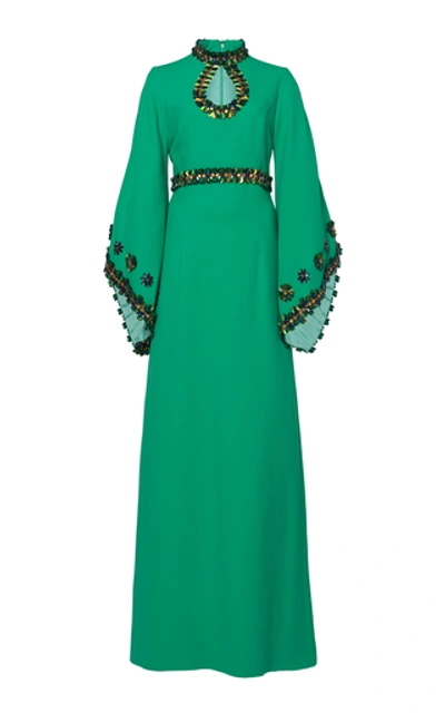 Andrew Gn Sequinned Fluted-sleeve Crepe Gown In Green