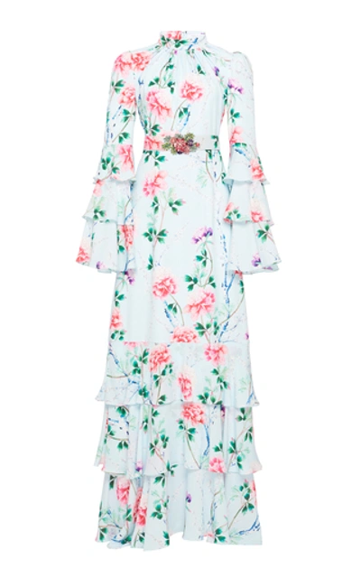 Andrew Gn Tiered Floral Maxi Dress In Blue