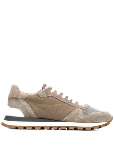 Brunello Cucinelli Bead-embellished Nylon, Suede And Leather Trainers In Grey