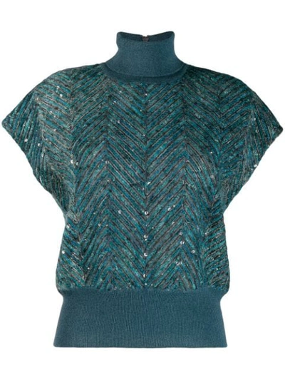 Brunello Cucinelli Sequined Chevron Ribbed Crop Jumper In Blue