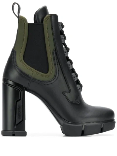 Prada Leather/stretch Lace-up Combat Booties In Black