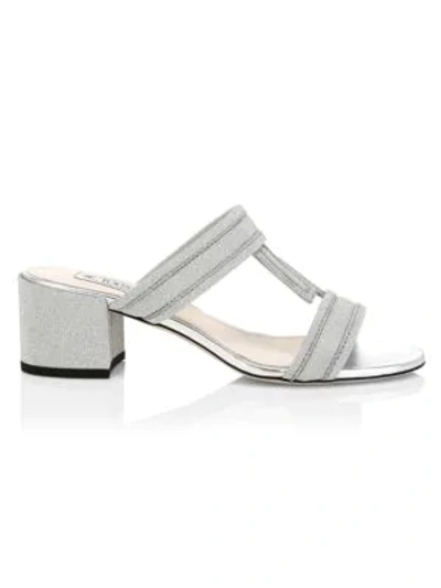 Tod's Double T Glitter Leather Mules In Silver