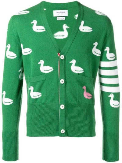Thom Browne 4-bar Duck Intarsia Cardigan In Green