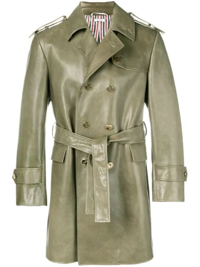 Thom Browne Calfskin Trench Overcoat In Green