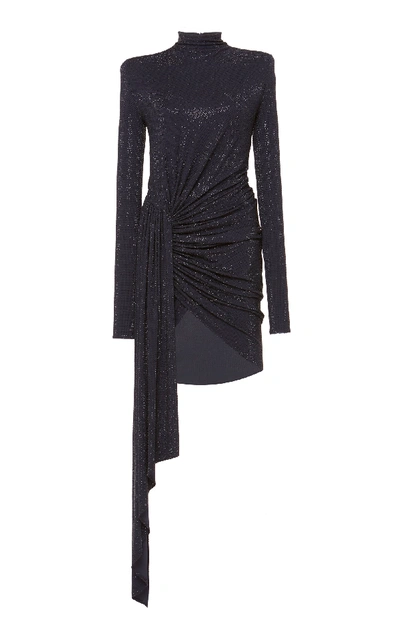 Alexandre Vauthier Asymmetric Ruched Metallic Stretch-jersey Mini Dress In Navy