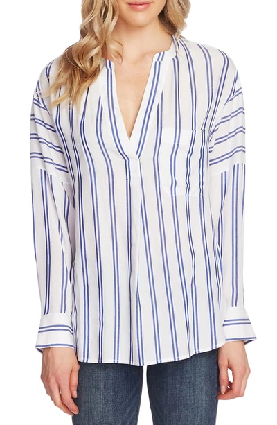 Vince Camuto Duet Stripe Split Neck Blouse In Electric Blue