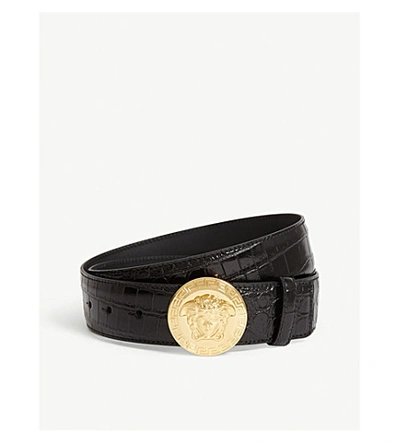 Versace Medusa Head Buckle Croc-embossed Leather Belt In Black