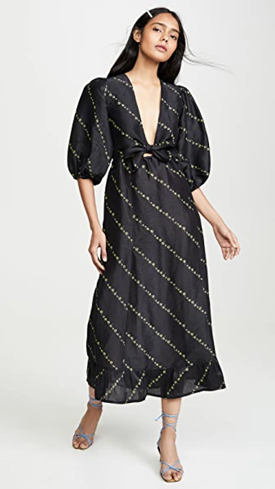 Ganni Tie-front Floral-print Linen-blend Midi Dress In Black