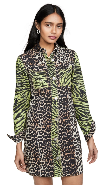 Ganni Paneled Animal-print Denim Mini Dress In Green