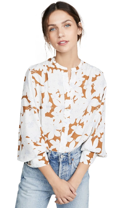 Vince Tropical Blooms Button-front Shirred-back Long-sleeve Blouse In Teakwood