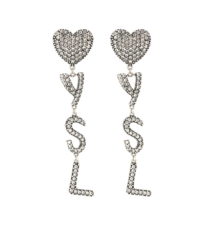 Saint Laurent Ysl Heart Embellished Earrings In Silver