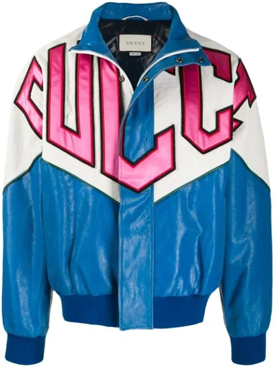 Gucci Men's Retro Logo Colorblock Leather Bomber Jacket In Blue