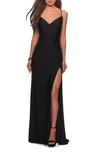 LA FEMME CROSS BACK SATIN JERSEY TRUMPET GOWN,28206