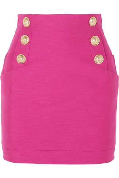 Balmain Button-embellished Cotton Mini Skirt In Pink